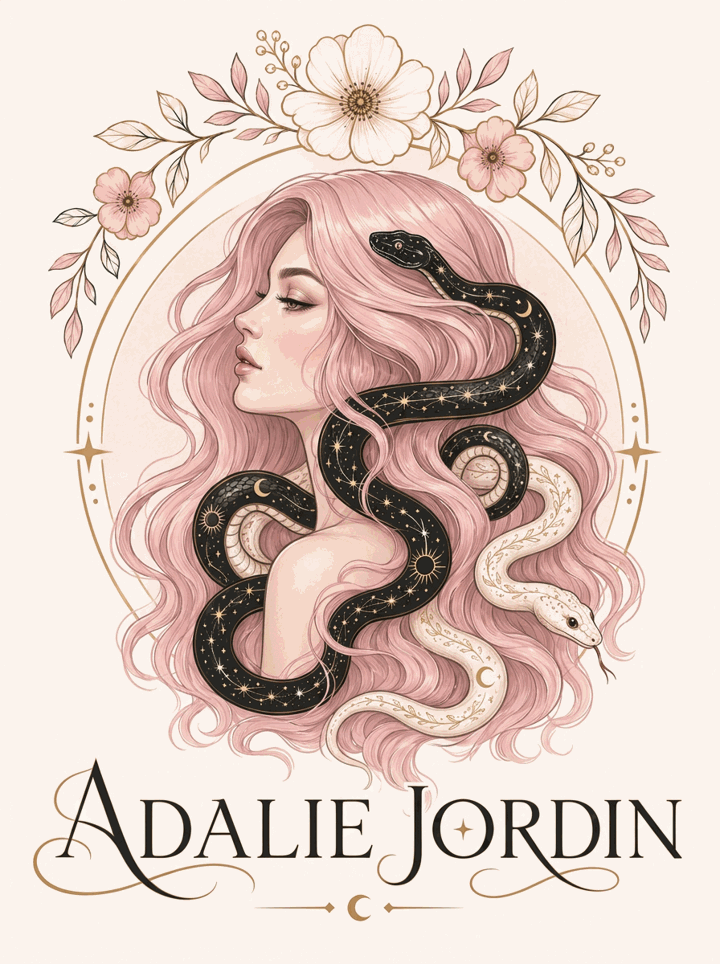 Adalie Jordin logo — an illustrated woman with rose-pink hair entwined with two celestial serpents, framed by soft botanicals